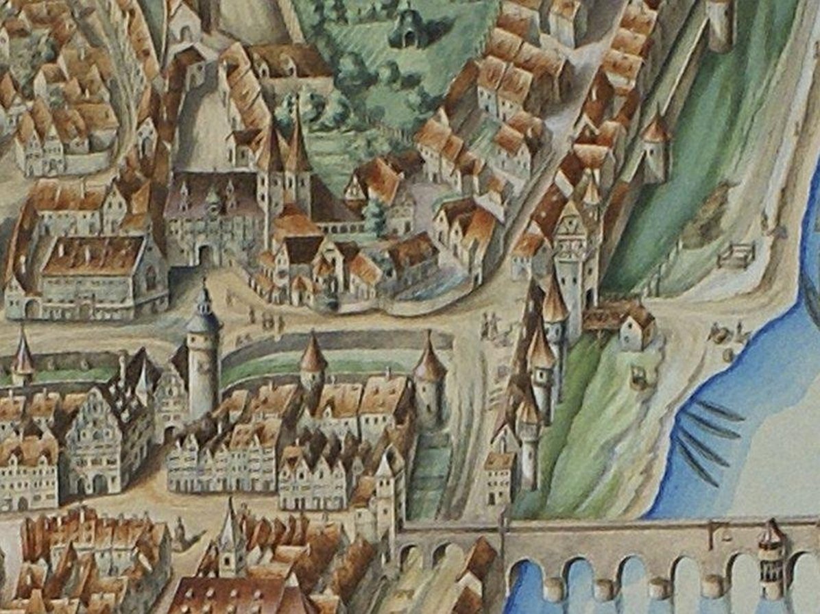 "Ansicht des ehemaligen Benediktinerinnenklosters", Aquarell nach einem Gemälde von Georg Martin 1628